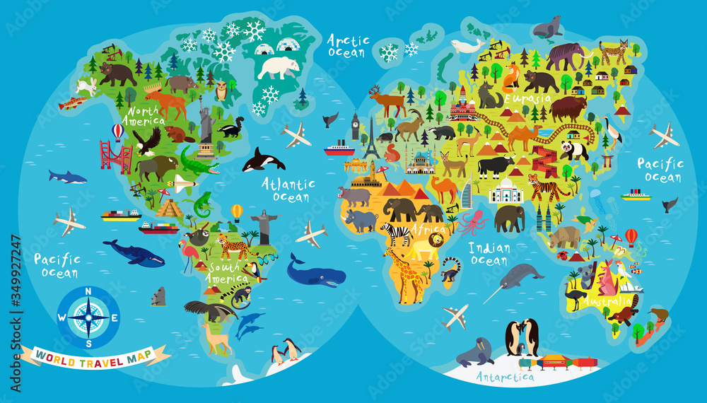 Fototapeta premium Animal Map of the World for Children and Kids.