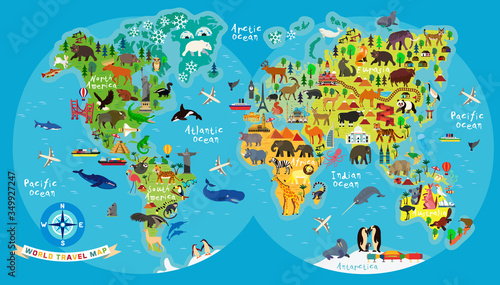 Animal Map of the World for Children and Kids.