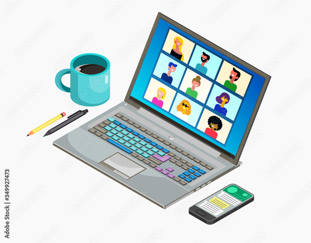 Online Virtual Meetings, Work from Home. Distance Learning. Teleconference Web Video Conference Call During Coronavirus COVID-19. Vector Illustration. Online Virtual Meetings, Work from Home. Distance Learning. Teleconference Web Video Conference Call During Coronavirus COVID-19. Vector Illustration.