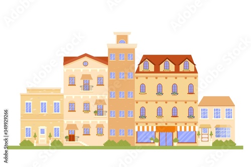 Fototapeta Naklejka Na Ścianę i Meble -  Street buildings in grey colours in vector design. Graphic detailed Illustration, panorama view. Elegant buildings, cityscape. Can be used as banner, poster, print. Flat creative decor