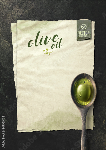 Vector realistic olive illustration, wooden spoon and oil on black stone background