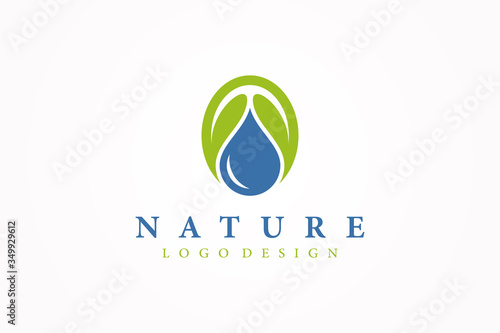 Abstract Natural Ecology Logo. Blue Water Drop and Circular Green Leaves Symbol Combination. Flat Vector Logo Design Template Element.