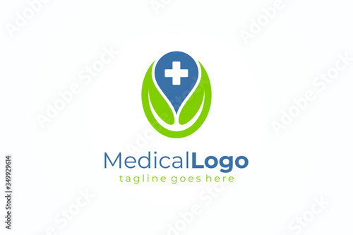 Healthcare Medical Logo. White Cross Sign and Green Leaves Icon Combination isolated on White Background. Flat Vector Logo Design Template Element.