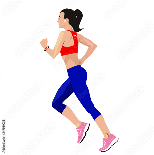 Sports girl with headphones and a fitness bracelet runs. Flat vector illustration for trackers of good habits.