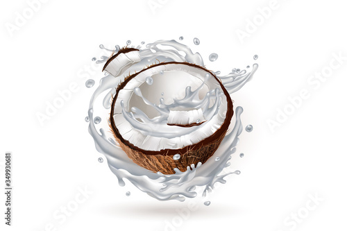 Half a coconut in a milk splash.