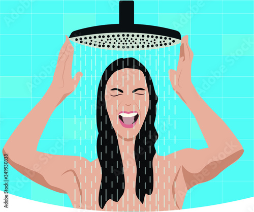 The girl takes a contrast shower and screams. Flat illustration for tracker of good habits in vector.