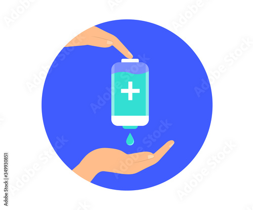 Use sanitizer hand. Antibacterial disinfectant. Preventive measures. Vector flat design.
