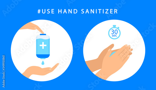 How to use sanitizer hand. Step instructions antiseptic hand. Antibacterial. Vector flat style.