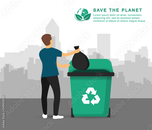 Recycling garbage. A man throws trash into a trash can. Poster Save the Planet.