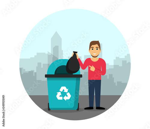 Recycling garbage. Character throws garbage bag into trash can. Environmental Protection.