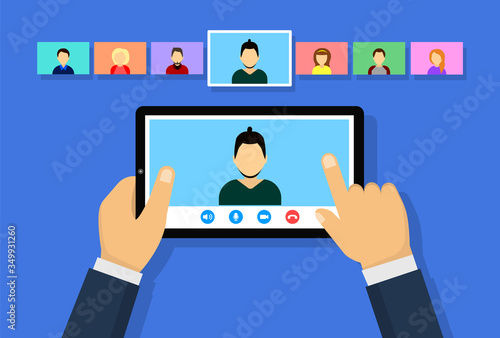 Conference video call on the tablet. Online meeting. Concept for remote work, online education.