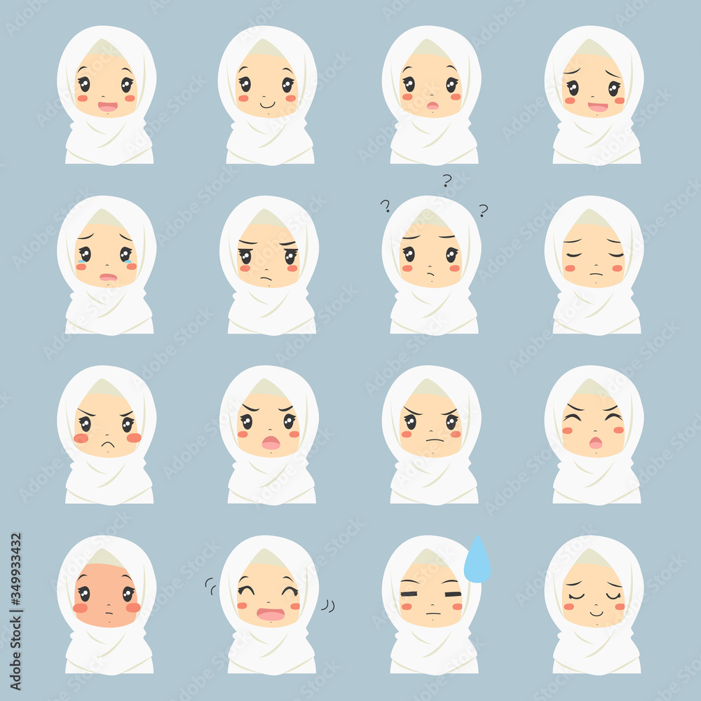 Cute half body Muslim girl with different emotions. Muslim kids face expressions vector set. Cute half body Muslim girl with different emotions. Muslim kids face expressions vector set.