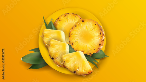 Sliced juicy pineapple on a yellow plate.
