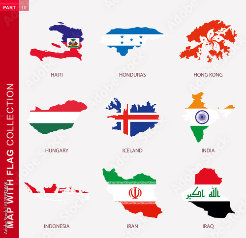 Map with flag collection, nine map contour with flag