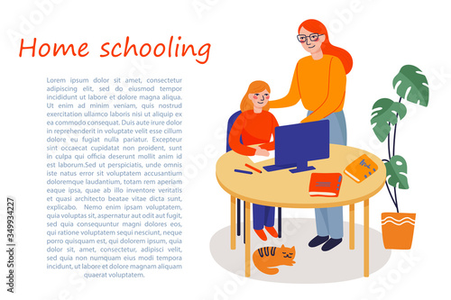 Home schooling concept. Children at home with computer and parent teaches getting education. Educate online. Mom with a child are sitting at the table. Vector illustration in cartoon flat style