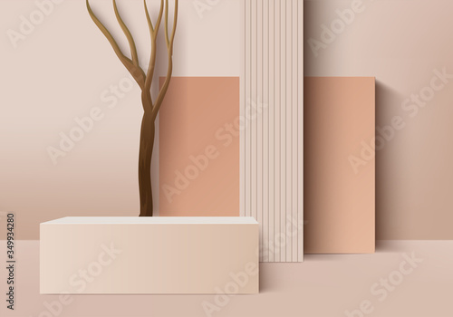 Abstract minimal scene with geometrical forms. Background vector 3d cream colors rendering with podium. Abstract background. Scene to show cosmetic podructs. Showcase, shopfront, 3d render vector.