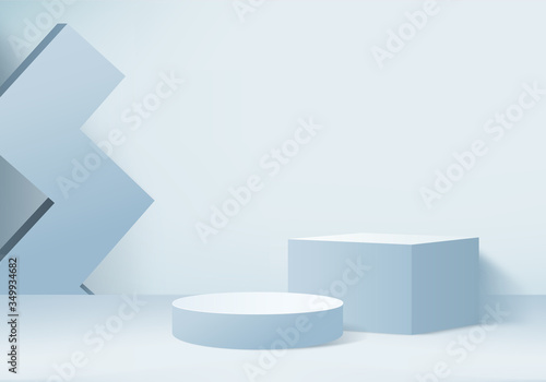 Background vector 3d blue rendering with podium and minimal blue wall scene, minimal abstract background 3d rendering abstract geometric shape blue pastel color. Stage for awards on website in modern.