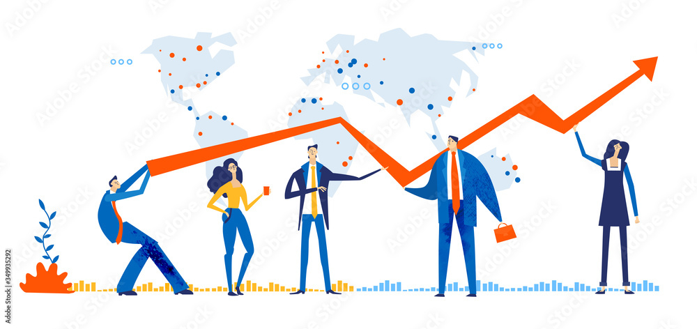 Fototapeta premium Group of business people holding up arrow as symbol of success and working together. 