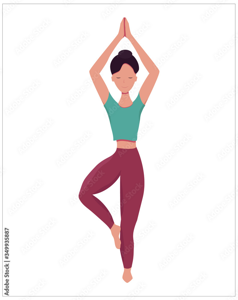 Flat illustration of a girl in a tree pose. Yoga isolated on a white background.