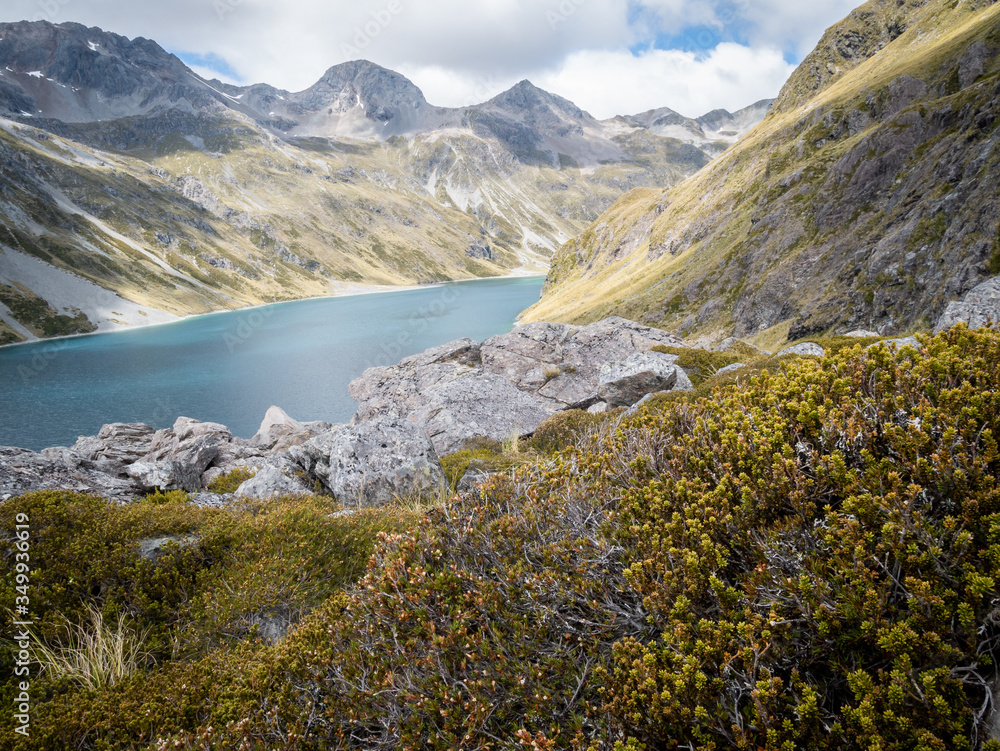 Alpine lake surrounded by mountains, shot at Nelson Lakes National Park, New Zealand