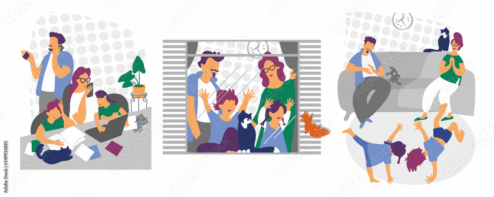 Cartoon happy family at home. Father and mother play with children, work, relax. Stay at home vector quarantine illustration