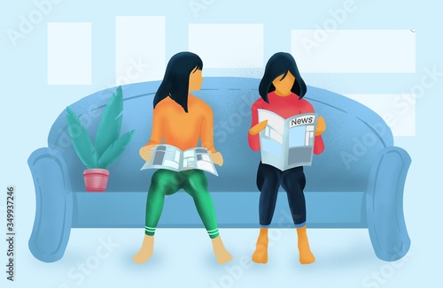 Two roommates reading newspaper sit on sofa at home,announcement , promotion, news, advertising, commercial concept photo