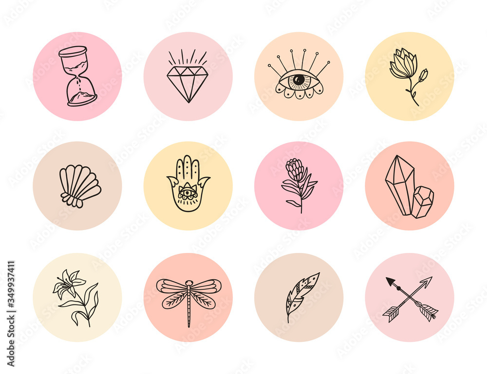 Collection of Highlights stories icon for social media. Round vector composition with flowers and alchemy, boho signs. Tender colors for your cosmetic, eco, blog or website.
Collection of Highlights stories icon for social media. Round vector composition with flowers and alchemy, boho signs. Tender colors for your cosmetic, eco, blog or website.