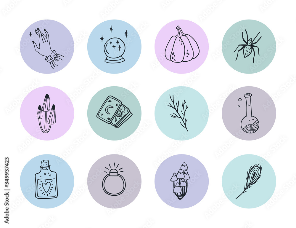 Set of highlights stories icon for social media. Round vector composition with flowers and alchemy, witch signs. Cool colors elements for blog or website Set of highlights stories icon for social media. Round vector composition with flowers and alchemy, witch signs. Cool colors elements for blog or website