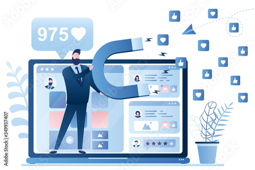 Social media profile, posting and chatting. Male character holding magnet and attract likes,hearts.