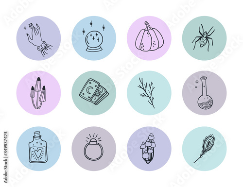 Set of highlights stories icon for social media. Round vector composition with flowers and alchemy, witch signs. Cool colors elements for blog or website