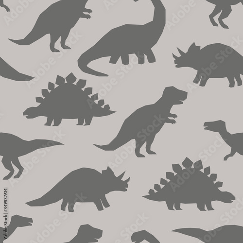 Hand drawn dinosaurs silhouette vector pattern in gray color. Cute cartoon dino pattern for childish clothes and home textile