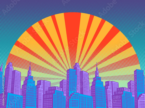 modern city with skyscrapers, sunrise