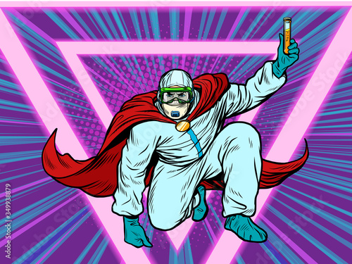 superhero doctor man with a vaccine medicine in protective suit, epidemic