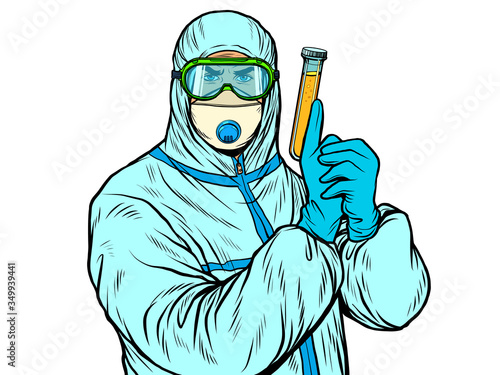 doctor man in protective suit with a test tube a vaccine a medicine, epidemic