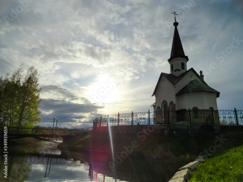Russian christian church park in summer. The building of the church.