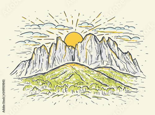 Hand drawn color sketch vector illustration with a mountains, cliff and sunrise or sunset. Vintage romantic landscape.