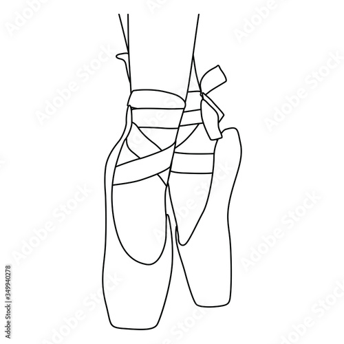 Isolated vector illustration. Hand drawn sketch of ballerina's feet in ballet shoes standing on pointe. Black and white linear silhouette.