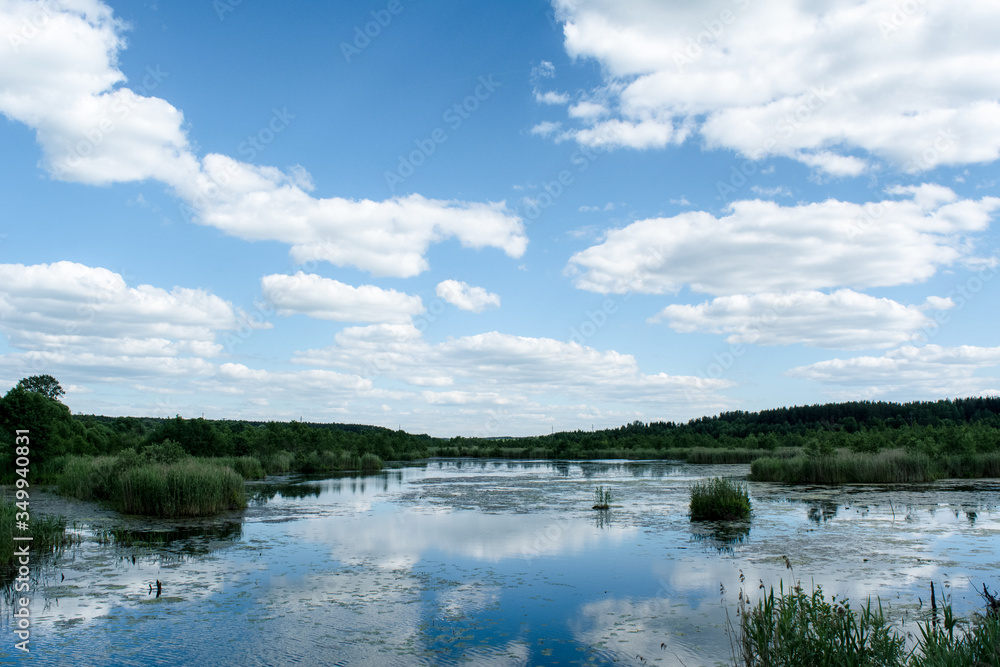 Fototapeta premium spilled river over which a blue sky with white clouds.