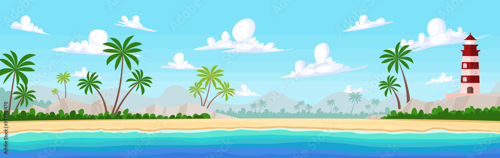 Vector illustration of beautiful sea beach panoramic view with mountain, blue sky, clouds, palm tree, rocks and lighthouse in flat cartoon style. - Summer vacation sea beach concept.