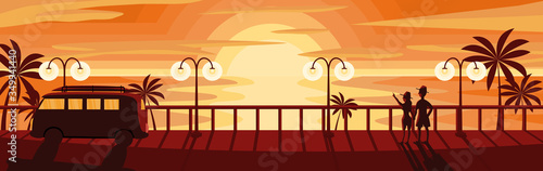 Vector and illustration of sunset beach with walkway, couple watching sunset and van in simple design