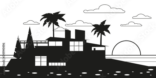 Sea shore beach luxury cottage villa house for rest with palms and plants, sea, ocean