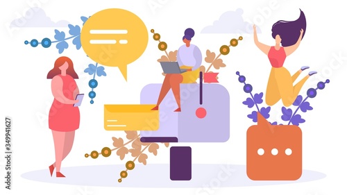 Communication concept and social media, mobile internet technology for online communication, design, cartoon vector illustration. Women conduct their business, correspondence, and online communication
