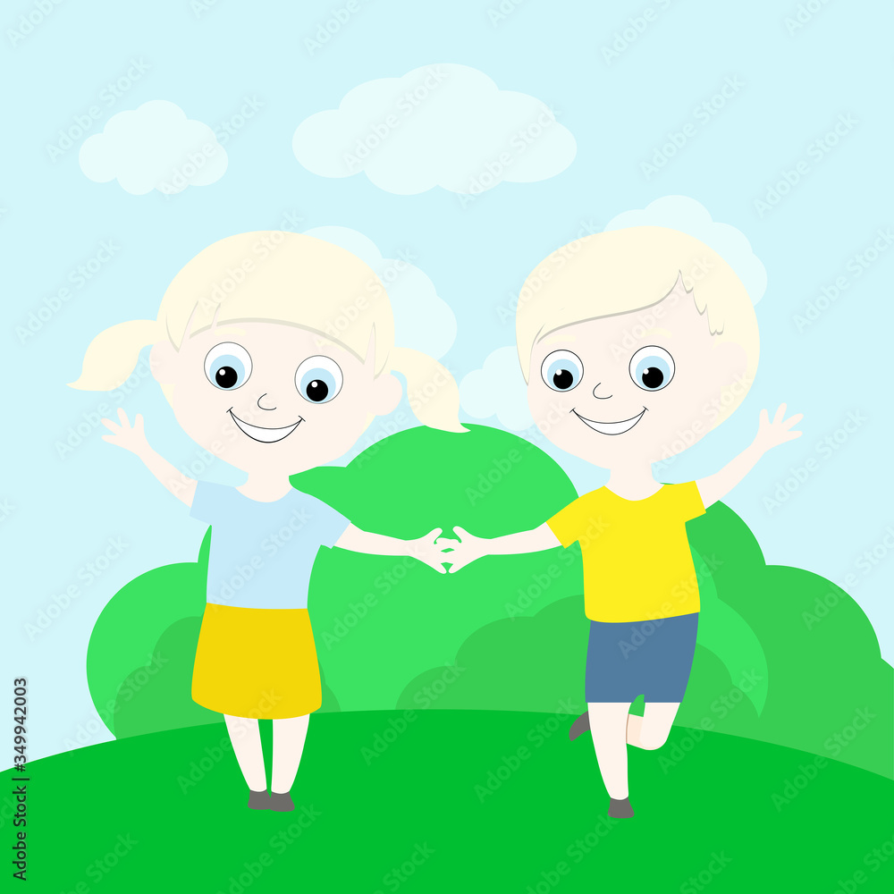 Cute little happy albino children stand on the green grass under the blue sky and hold hands. Cartoon style image of children. Cute little happy albino children stand on the green grass under the blue sky and hold hands. Cartoon style image of children.