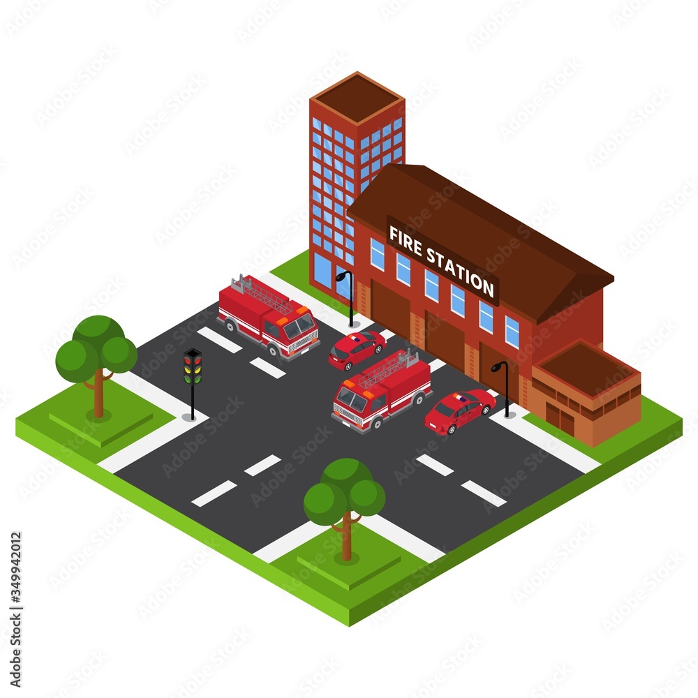 Isometric fire station, emergency department building, red truck rescue service, design, cartoon style vector illustration. Modern vehicle for extinguishing fire in homes, fire brigade vehicles