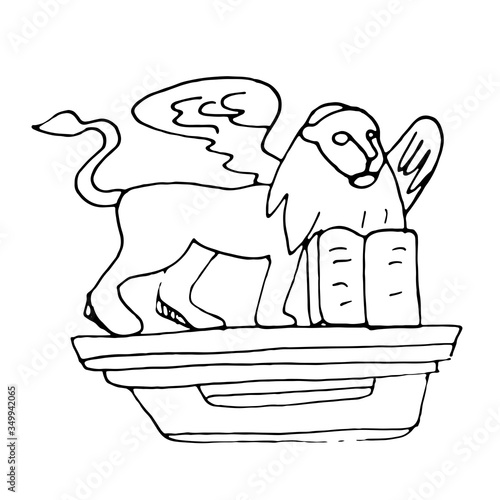 Ancient monument the Venetian lion in Lviv Ukraine at the house of the Venetian merchant. The historical sights of the city. Sketch of Lviv attractions isolated on a white background.