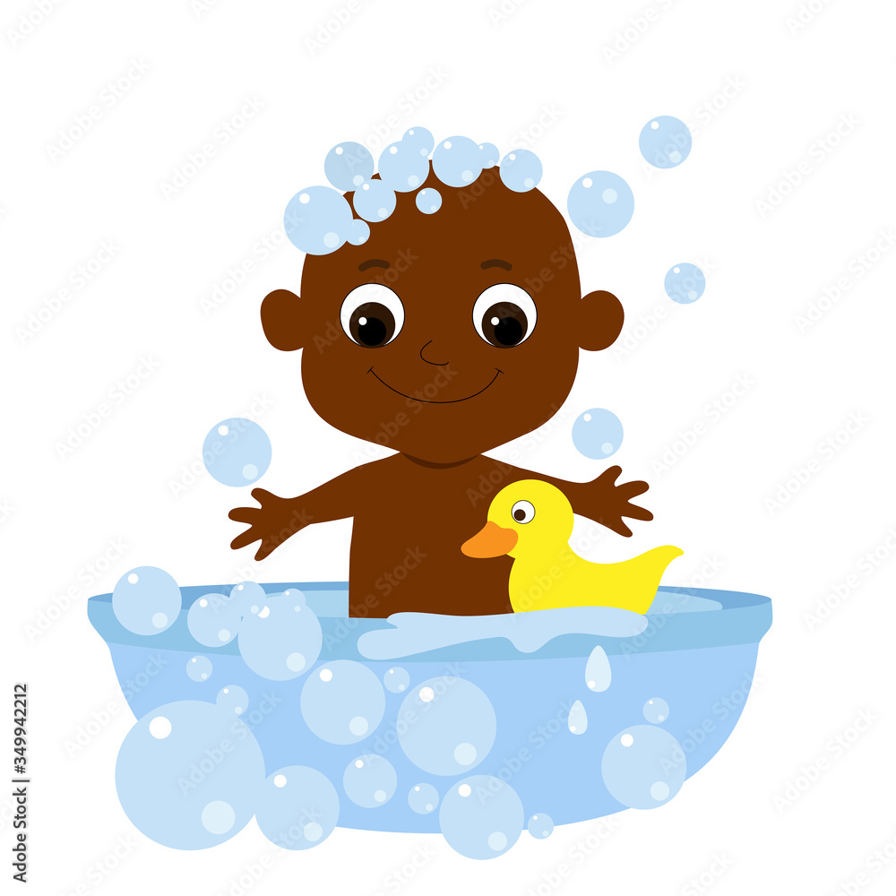 Little cute baby bathes in a bathtub with soap bubbles and a yellow rubber duck. The child is African or African American and smiles happily. Cartoon character in flat style isolated on white. Little cute baby bathes in a bathtub with soap bubbles and a yellow rubber duck. The child is African or African American and smiles happily. Cartoon character in flat style isolated on white.