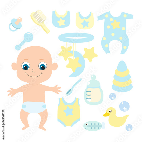 Set a small baby newborn or first year of life and baby items: mobile, comb, feeding bottle, pacifier rubber duck, bodysuit, bib, rattle. Vector illustration in pastel soft blue, yellow colors.