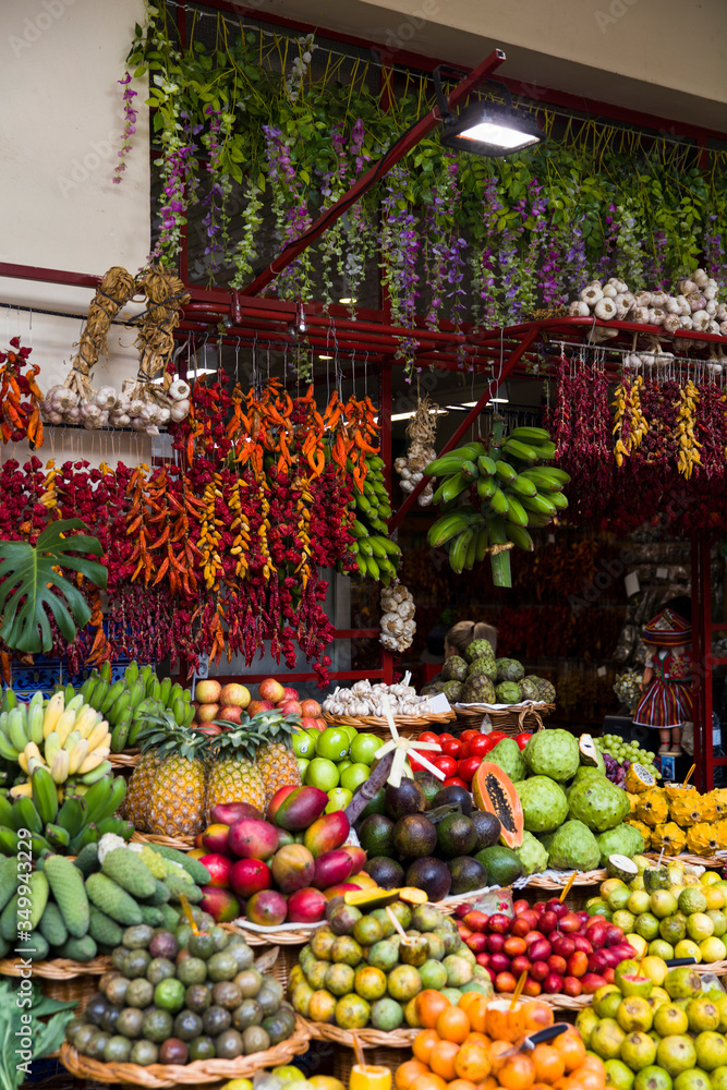 Exotic fresh fruits stall at the Funchal market on the island of Madeira in Portugal