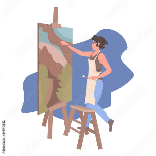 female painter using paintbrush woman artist standing in front of easel and painting art creativity concept full length vector illustration
