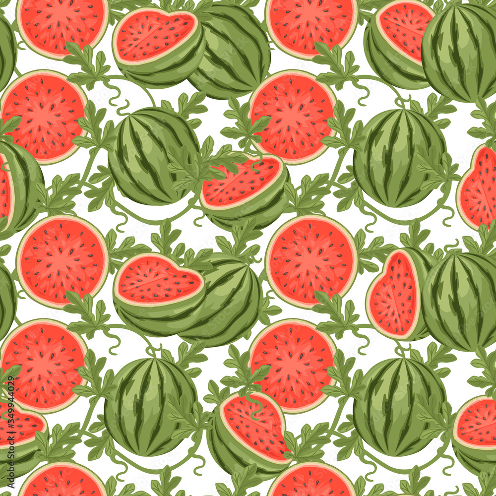 Seamless pattern of watermelon whole and sliced with green leaves flat vector illustration on white background Seamless pattern of watermelon whole and sliced with green leaves flat vector illustration on white background